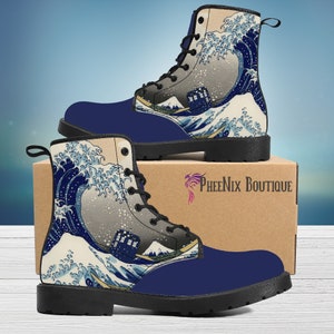 TARDIS Inspired Vegan Leather Boots | Hokusai, Kanagawa, Wave, The Great Wave, Doctor Who, Whovian, Nerdcore, Festival, Rave, Boho