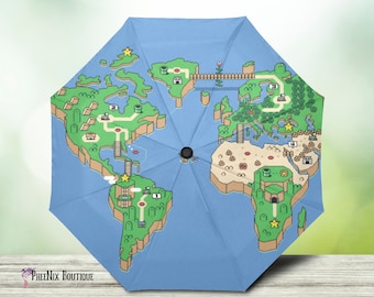 Super Mario 3 World Map Anti-UV Automatic Foldable Umbrella | Custom Umbrella, Unique Brolly, Nintendo Parasol, Sun Umbrella, NES, Gamer