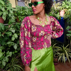 African Print Cotton Off the Shoulder Square Neck Floral Print Puff Sleeve Peasant Pink Boho Blouse, Goddess Bohemian Shirred image 1