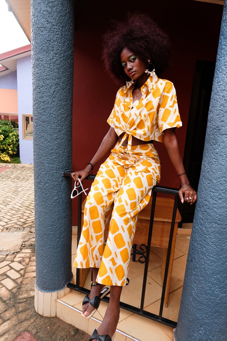 70s Style Hand Dyed Yellow Batik Print Boho blouse, Bohemian Tie Up Shirt Cotton Goddess Crop Top, Pretty Gift, Matching Set image 2
