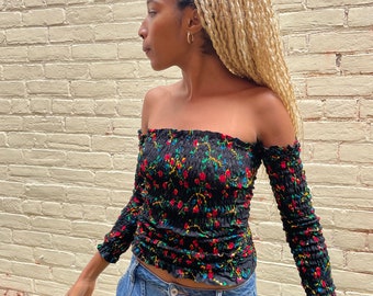 Off the Shoulder Top Y2k top Floral African Print Petite Boho Blouse Hippie Shirt Long Sleeve Crop Top Stretchy Comfortable