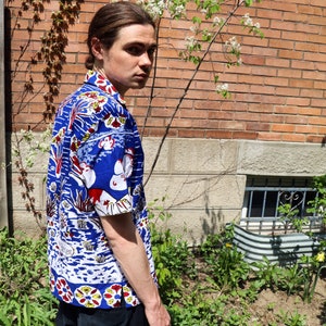 Unisex Floral bowling shirt, Funky mens button up shirt, Colorful Cotton patterned button up, Festival short sleeve for Women Streetwear image 5