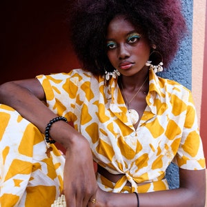 70s Style Hand Dyed Yellow Batik Print Boho blouse, Bohemian Tie Up Shirt Cotton Goddess Crop Top, Pretty Gift, Matching Set image 1