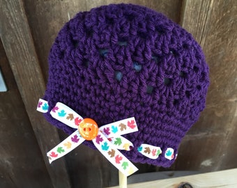 Purple Fall Hat for Girls, Crochet Autumn Beanie for Girls, Fall Winter Toddler Cap