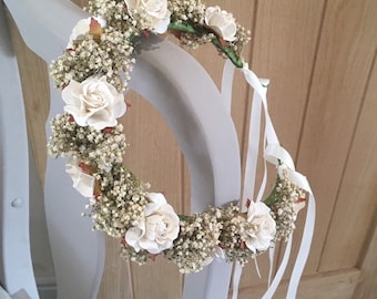 Corona de flores de gypsophila seca y rosas de papel para el aliento del bebé, tocado para dama de honor, accesorio floral para el cabello