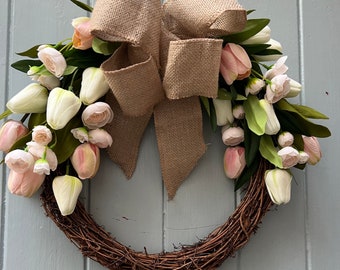 Twisted willow bohemian Spring Summer floral wreath ivory pinks with Burlap