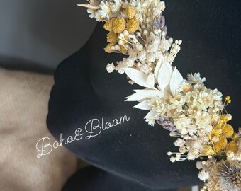 Cosecha seca preservada corona de flores Marfil Mostaza gypsophila cebada dama de honor niña de las flores tocado floral nupcial festival accesorio para el cabello