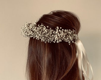 Tocado de flores para dama de honor, corona de flores, accesorio para el cabello hecho de gypsophila seca, para aliento de bebé
