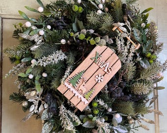 Corona navideña de lujo para puerta, estilo trineo, de pino y abeto, que perdura en el tiempo.