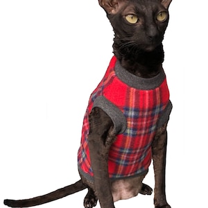 Op de afbeelding: Een zwarte haarloze kat die een rood-zwart geruit overhemd draagt. De kat zit op een witte achtergrond.