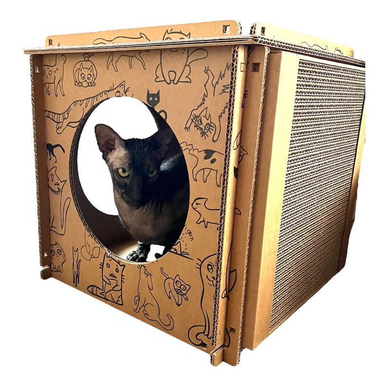Pode incluir: Uma casa de gato de cart&atilde;o com um poste de arranhar de um lado. A casa tem uma abertura redonda e &eacute; decorada com uma estampa de gato preto e branco. Um gato sem p&ecirc;lo est&aacute; olhando para fora da abertura.