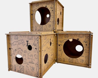 Premium Cat House is made from Recyclable Cardboard Cubes with a Scratch Panel and punch of Catnip. Cube is 36*36*36cm