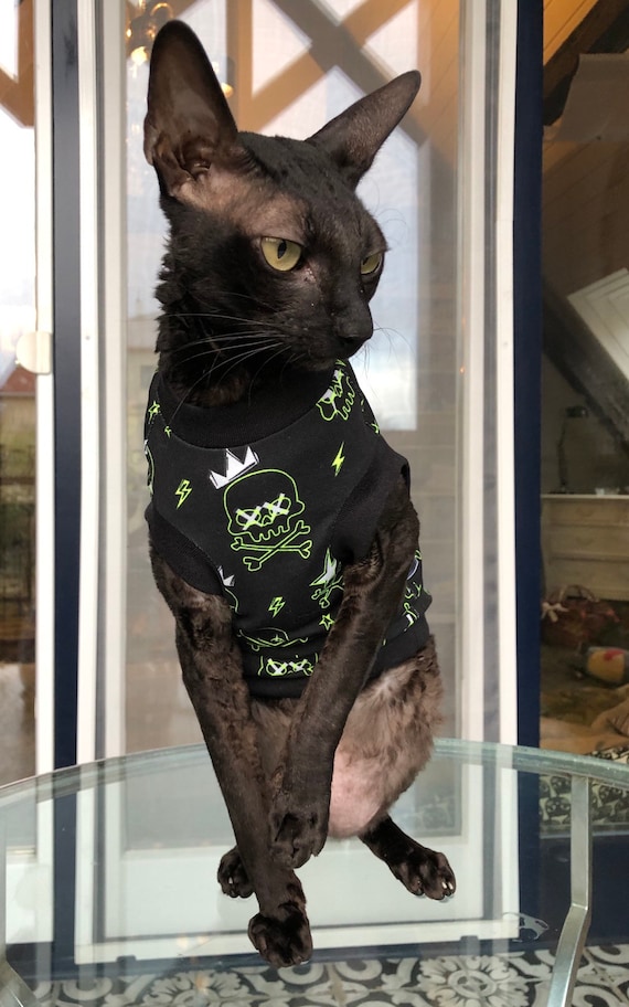 Kotomoda Cat T-Shirt - Red Skulls Design For Sphynx & Hairless Cats, Size M, Soft Cotton Clothing - View #9