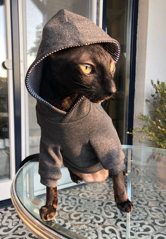 M Sphynx Cat Dark Grey Hoodie Home Sweet Home KotomodaCatWear Cat Clothes for Naked and HairlessCats 