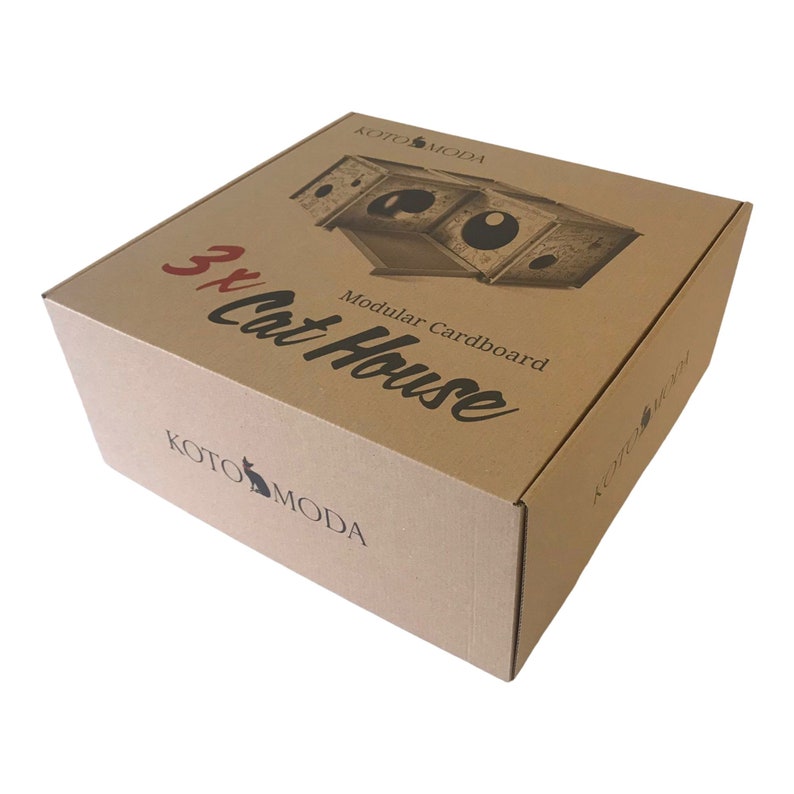 Pode incluir: Uma caixa de cart&atilde;o castanho com o texto "3x Cat House" e "Modular Cardboard" impresso na parte superior. A caixa tem uma imagem de uma casa para gatos feita de cart&atilde;o na parte superior. O logotipo Koto Moda est&aacute; impresso na parte inferior da caixa.