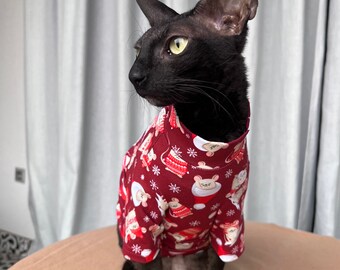 Camiseta De Manga Larga Para Gato Sphynx - Estampado Navidad, Algodón Suave, Talla Grande