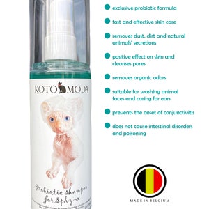 Puede incluir: Una botella verde y blanca de champú probiótico para Sphynx, una raza de gato sin pelo, de la marca Koto Moda. La botella es de 120 ml y está hecha en Bélgica. La botella está etiquetada con una imagen de un gato Sphynx y el texto "Probiotic Shampoo for Sphynx".