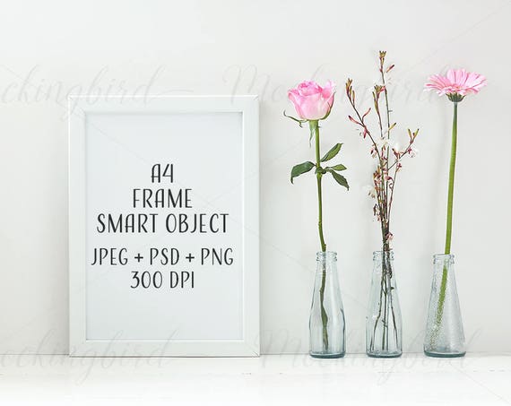 A4 White Mockup Frame Portrait Flowers Jpeg Png Psd
