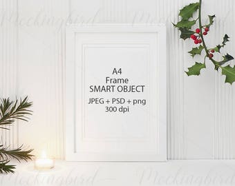 Download A4 Frame Mockup Christmas Rustic Natural White Frame Portrait Png Jpeg Psd Smart Object Mock Up Styled Stock Photo Christmas Holiday Free Logo 3d Mockups PSD Mockup Templates