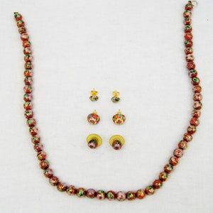 Vintage 4 Piece Cloisonné Red Enamel Flower Floral Parure Jewelry Set Necklace Earrings B1794