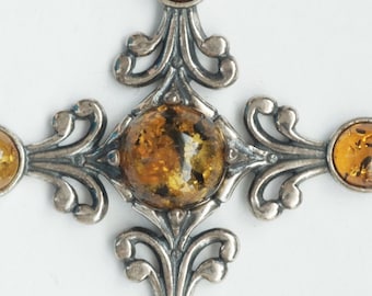 Vintage Beautiful Ornate 925 Sterling Silver Amber Cross Pendant (CAT20190506009)