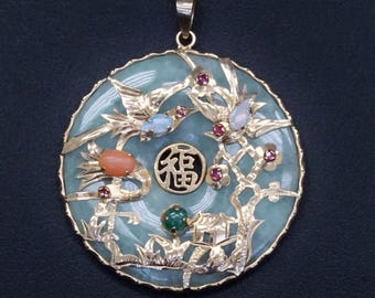 Vintage 14K Jadeite Blessing Pendant Chinese Landscape with Mixed Gemstones E9719