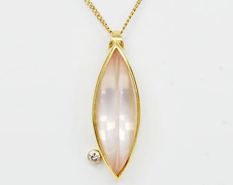 Vintage Custom 18K Marquise Rose Quartz & Natural Diamond Pendant in Yellow Gold E9394