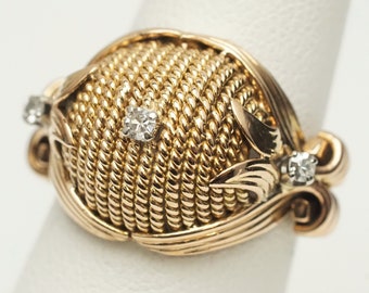 Retro Era 18K Yellow Gold Basket Rope Ring with Diamond Accents (D1045)