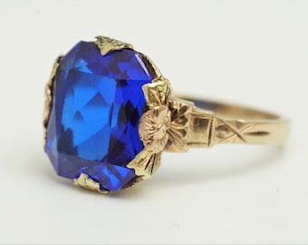 Antique 10K Yellow Gold Ring Art Nouveau Edwardian Design with Blue Sapphire Simulant (CAT E C7765)