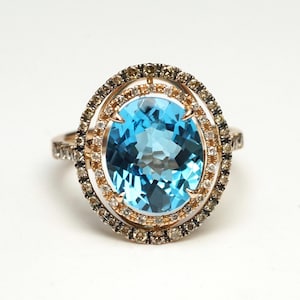 EFFY 14K Rose Gold Oval Cut Blue Topaz Ring with White & Cognac Diamond Halos (CAT E 248801)