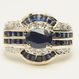 14K Yellow Gold Blue Sapphire & 1/10 cttw Diamond Statement Ring (D1046)