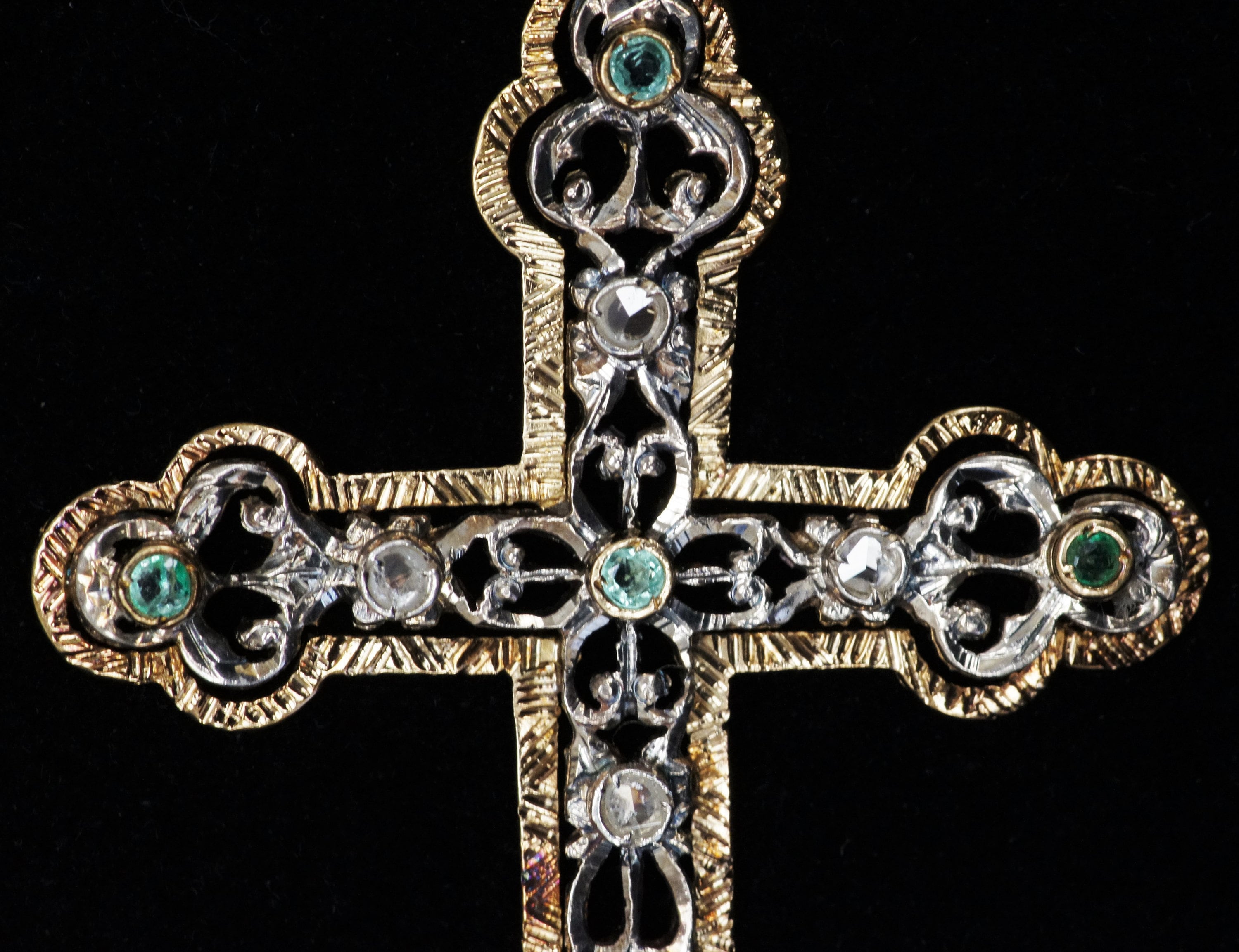 Antique 18K Yellow Gold & Sterling Cross Pendant With Emeralds /rose ...