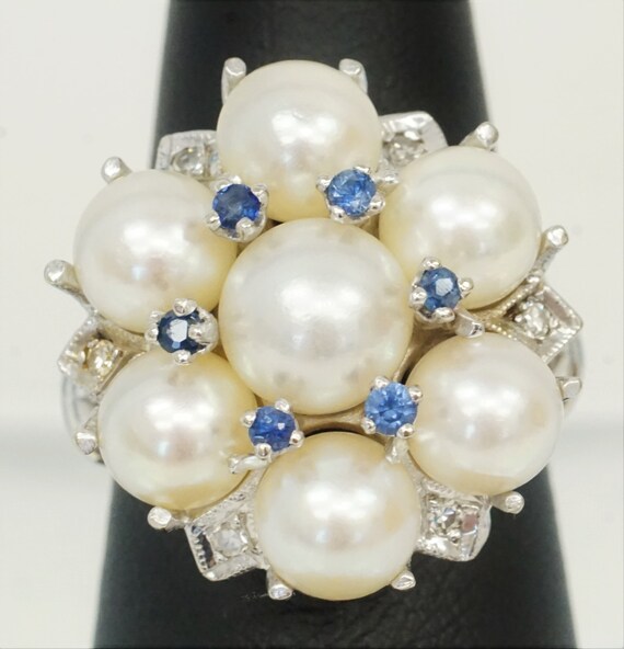 Antique Edwardian 14K White Gold Pearl Cluster Ri… - image 2