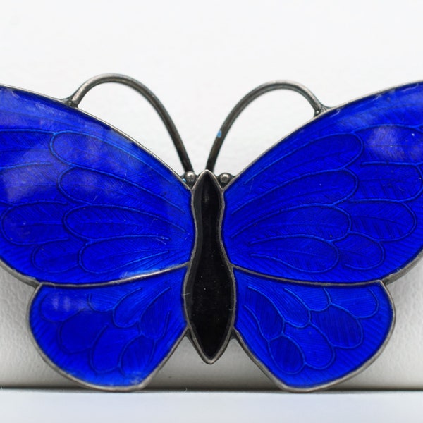 Signed VB Volmer Bahner Denmark Sterling Silver 925 Black Blue Enamel Guilloche Butterly Pin Brooch