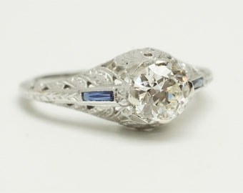 Antique Art Nouveau 18K White Gold Old European Cut Natural Diamond 3/4ct Solitaire Ring with Blue Sapphire Accents (CAT E D0287)