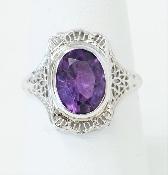 Antique Art Nouveau 14K White Gold Amethyst Ring … - image 1