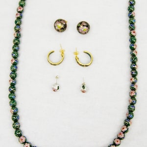 Vintage 4 Piece Cloisonne Green Enamel Parure Jewerly Set Necklace Earrings B1796