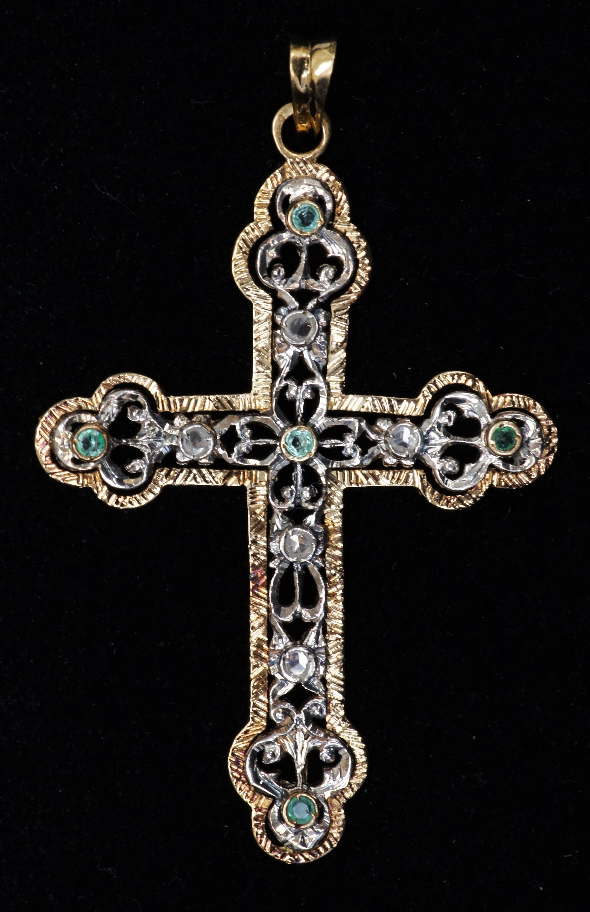 Antique 18K Yellow Gold & Sterling Cross Pendant With Emeralds /rose ...