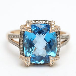 EFFY 14K Rose Gold Mixed Cut Blue Topaz Ring with White & Espresso Diamond Accents 6.76tcw