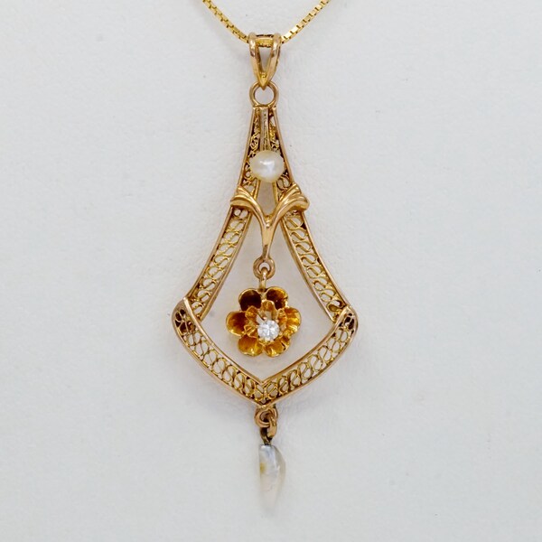 Antique 10K Lavalier Diamond & Pearl Mobile Pendant in Yellow Gold E9919