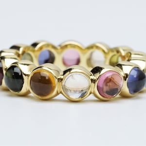 Temple St Clair Multi Gemstone Cabochon Eternity Ring 18K Yellow Gold Tourmaline, Citrine, Moonstone, Peridot, Tanzanite, Aquamarine (C4601)