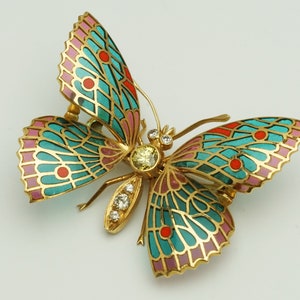 Plique-a-jour Enamel & 1 cttw White /Yellow Diamond Butterfly Brooch with Moveable Wings 18K Yellow Gold (C7760)