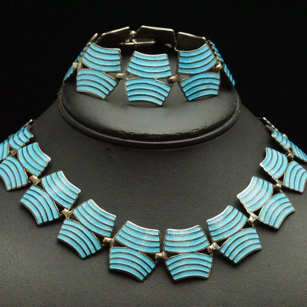 Vintage TAXCO Mexico M. Arias Sterling Silver Champlevé Blue Enamel Necklace & Bracelet (D3873)