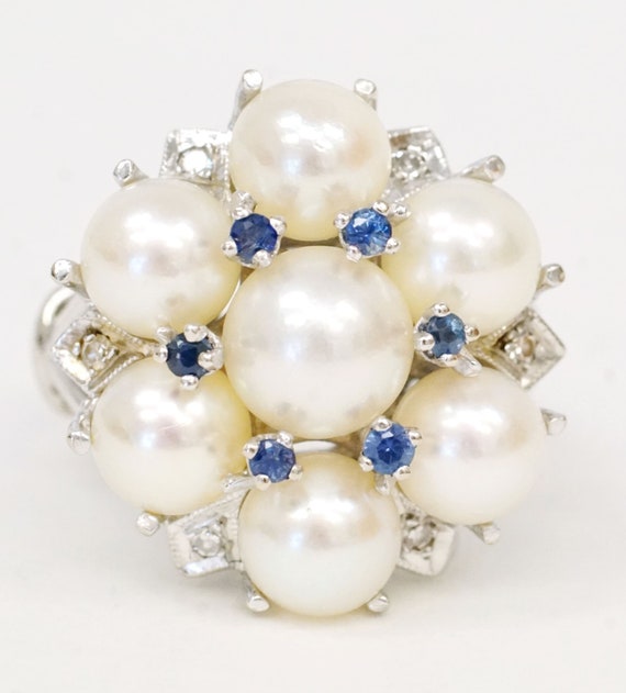 Antique Edwardian 14K White Gold Pearl Cluster Ri… - image 1