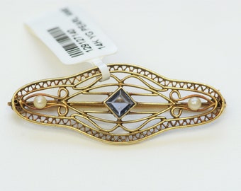 Vintage Art Nouveau Filigree 14K Yellow Gold Amethyst & Seed Pearl Bar Brooch Pin  (CAT 129127140)