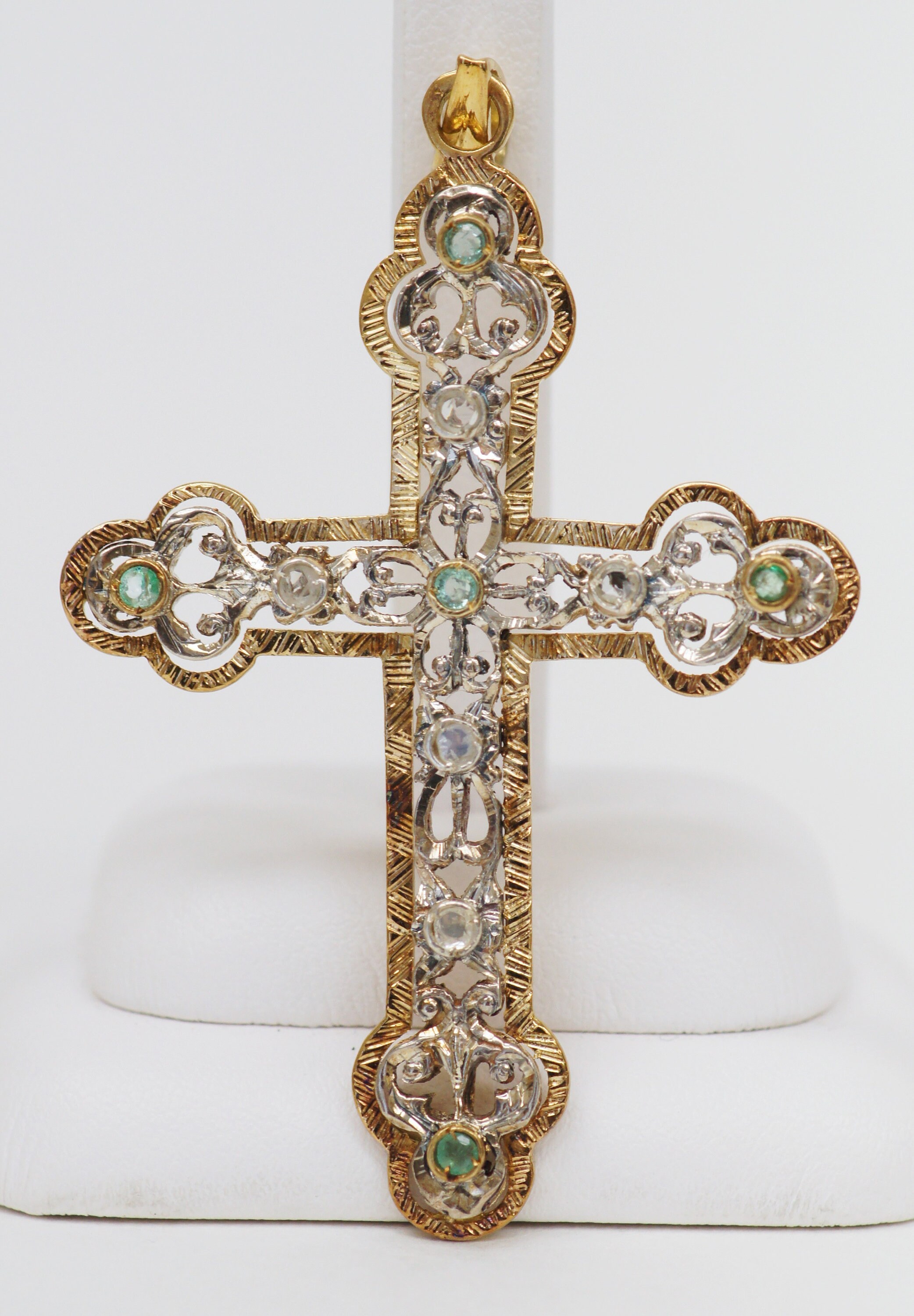 Antique 18K Yellow Gold & Sterling Cross Pendant With Emeralds /rose ...