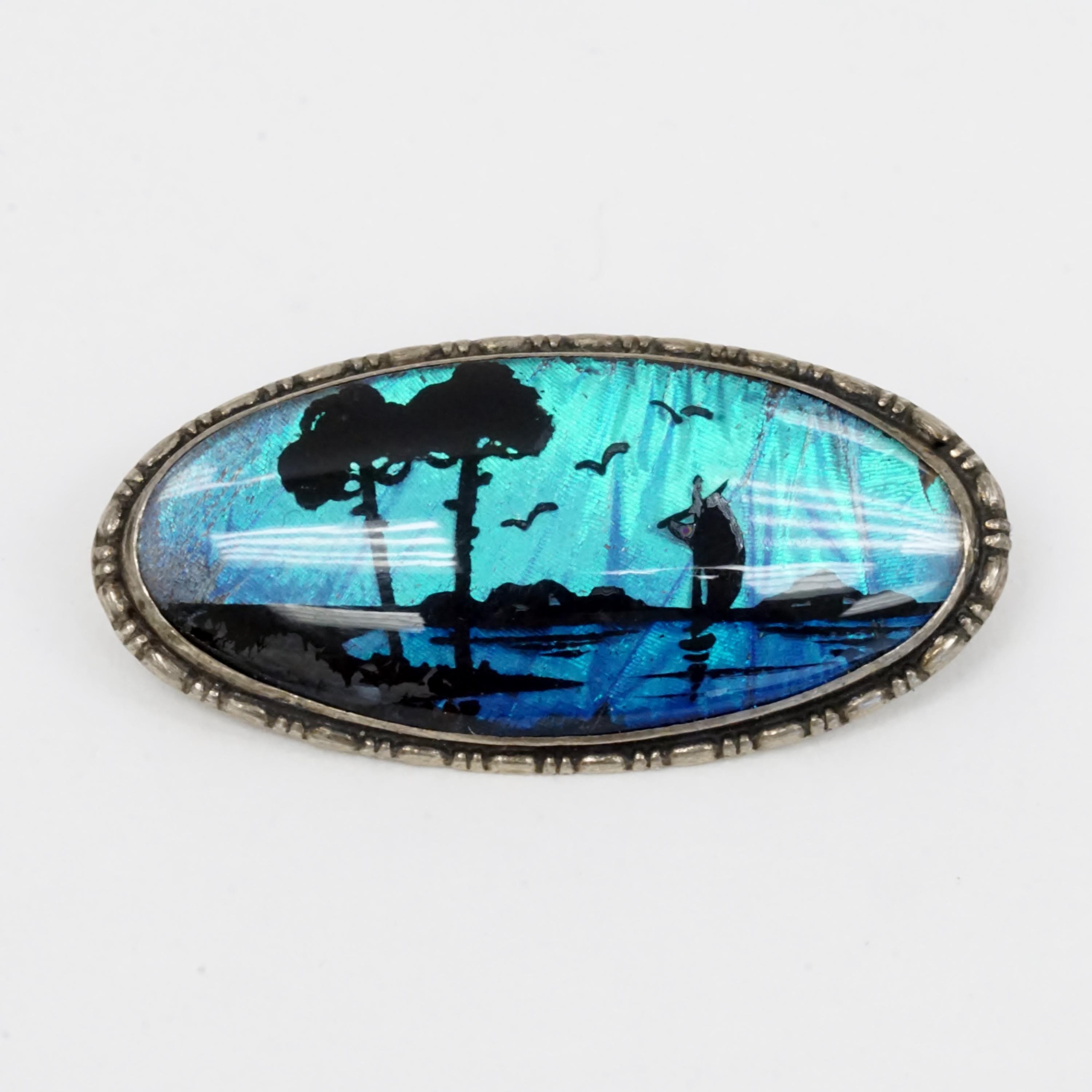 Antique English Blue Morpho Butterfly Wing Tropical Scene Pin in