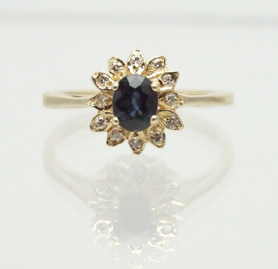 14K Yellow Gold Oval Blue Sapphire 1/8cttw Diamon… - image 1