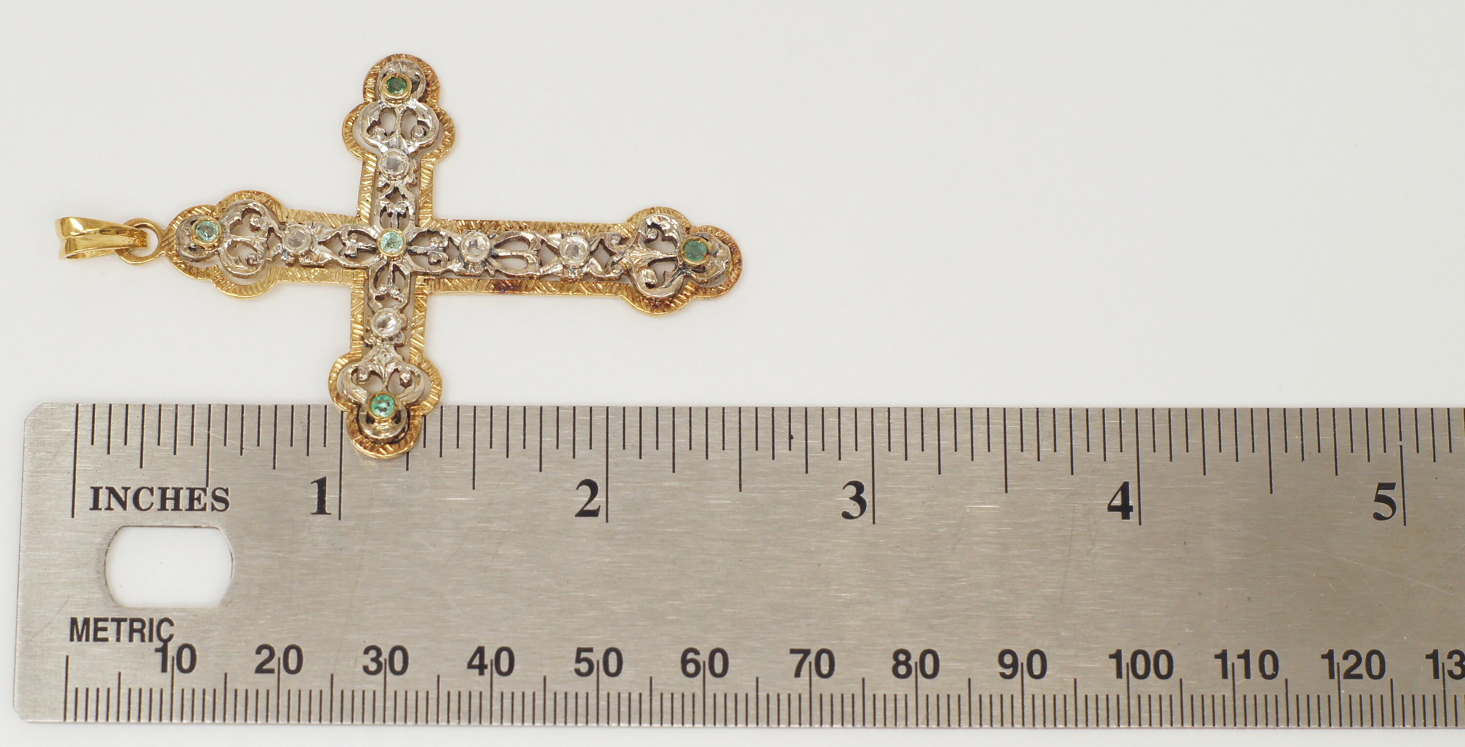 Antique 18K Yellow Gold & Sterling Cross Pendant With Emeralds /rose ...