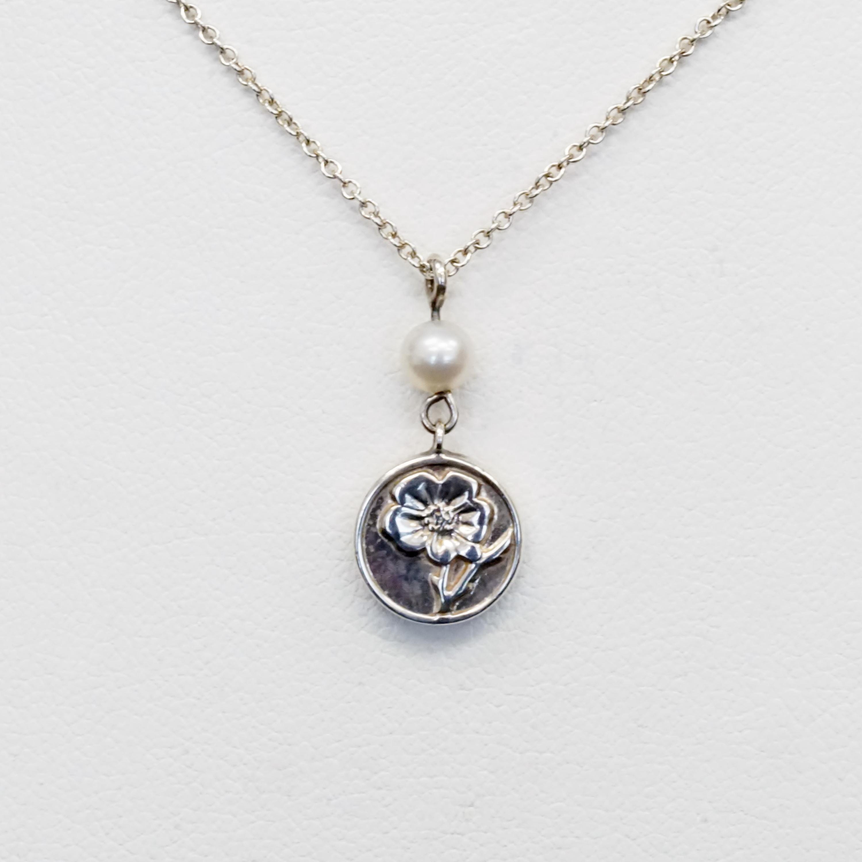 2003 Vintage Tiffany & Co Nature Rose Pearl Pendant Necklace in